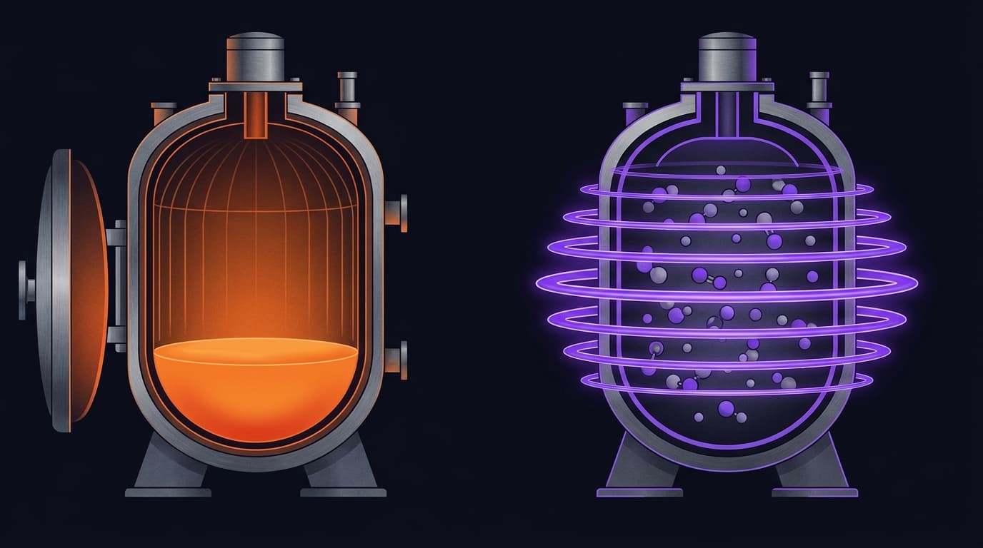 Two industrial pressure vessels: one glowing with heat, one wrapped in pressure rings